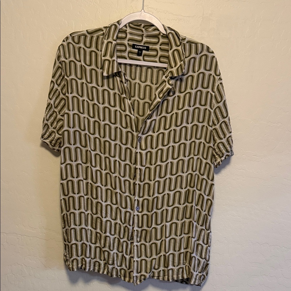 Express Olive and White Geometric Shirt